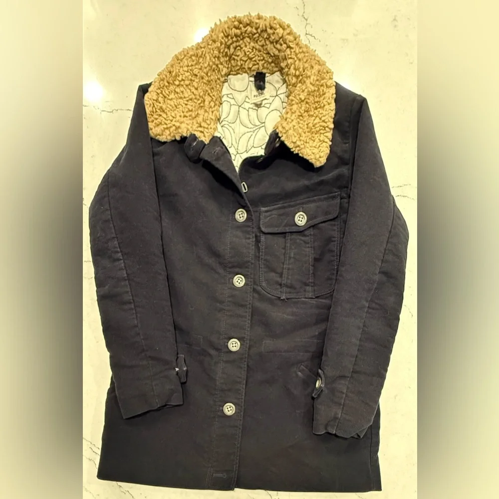 Fossil Womens Navy Sherpa Collar Lined Jacket Pockets Size S Vintage Y2K